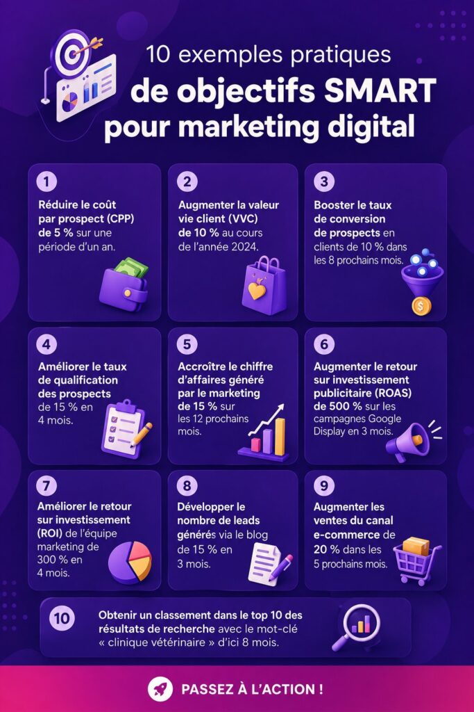 Un tableau de bord coloré affichant des objectifs SMART pour le marketing digital.