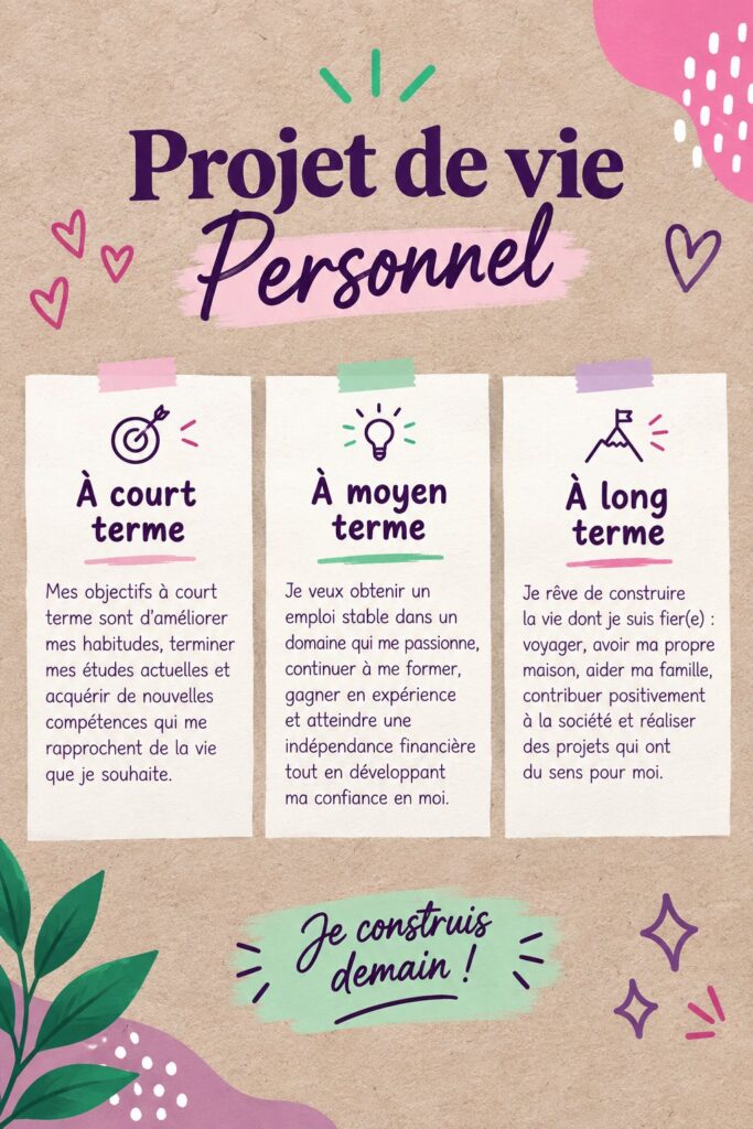 Femme souriante en train de planifier son projet de vie personnel avec des notes et un carnet.