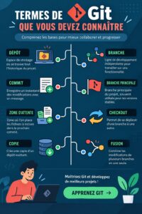 Illustration d'un écran d'ordinateur avec le code Git, représentant des termes techniques discutés.