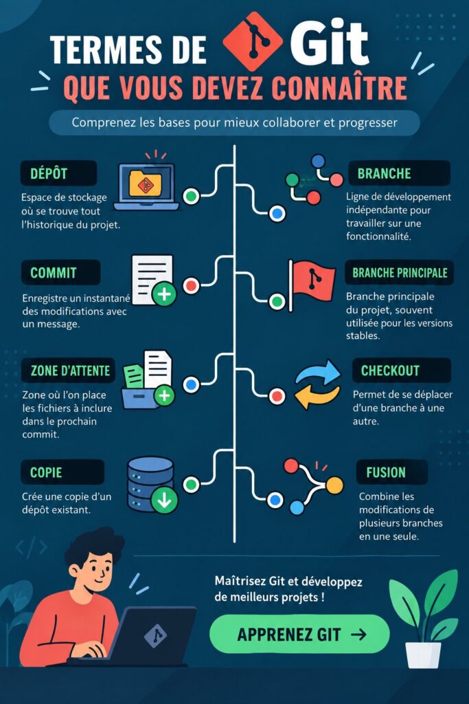 Illustration d'un écran d'ordinateur avec le code Git, représentant des termes techniques discutés.