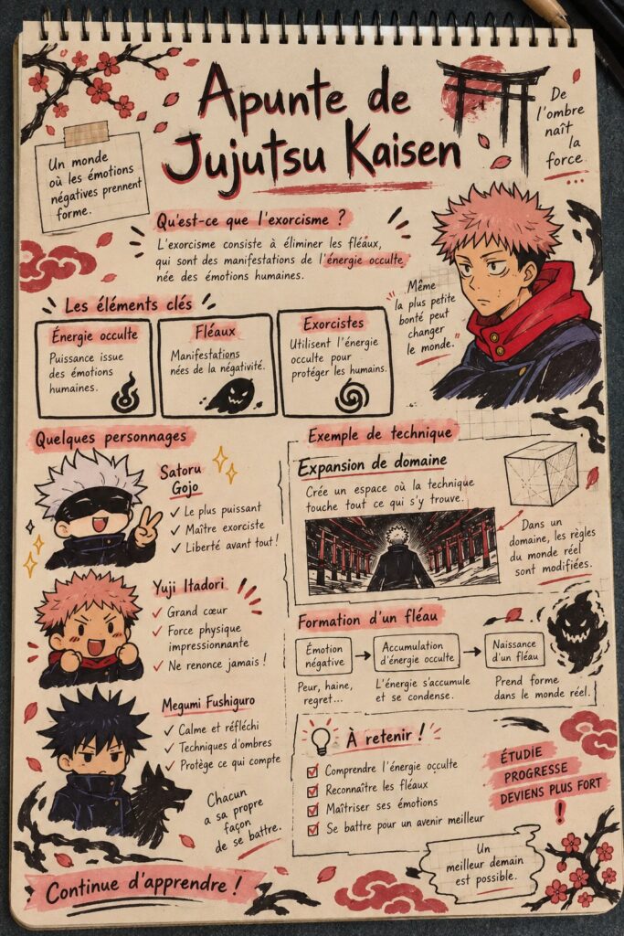 Affiche de Jujutsu Kaisen, montrant les personnages principaux dans une scène dynamique.