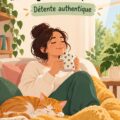 Femme se relaxant dans un coin bien-être chez elle, en toute tranquillité.