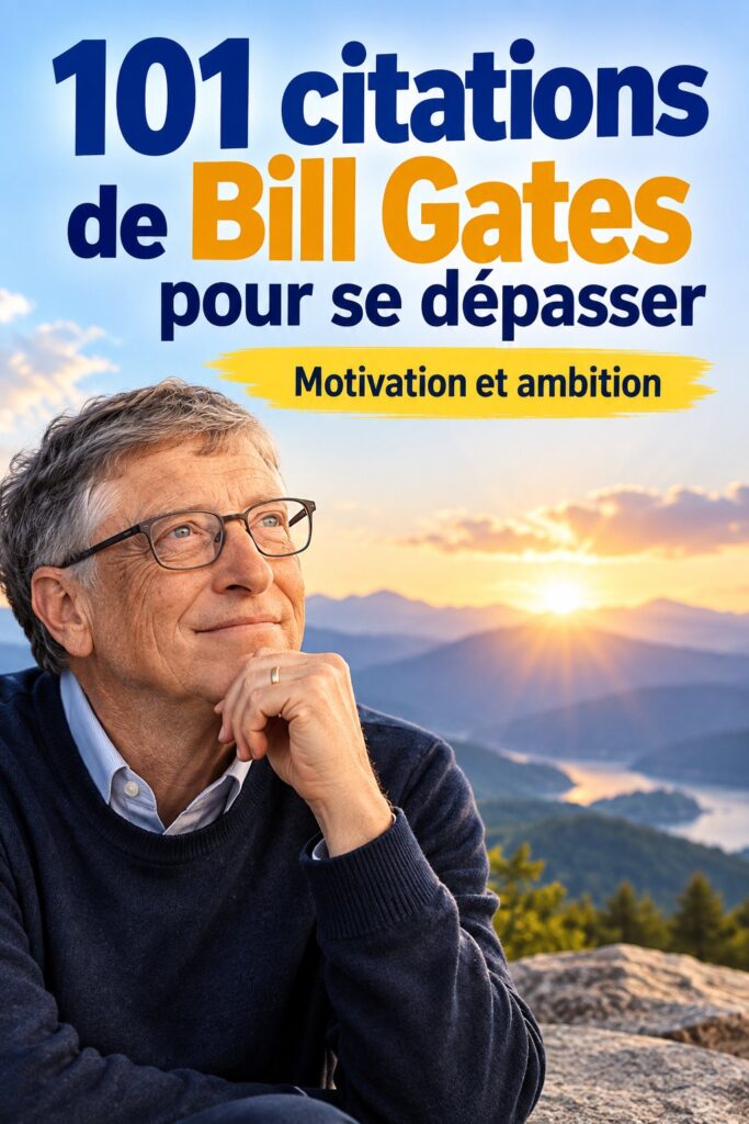 Citations inspirantes de Bill Gates sur un fond motivant et dynamique.