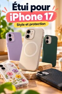 Femme souriante tenant son iPhone 17 avec un étui élégant et stylé.