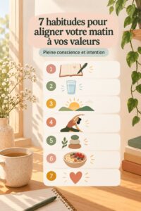 Femme inspirée, prenant un moment pour méditer le matin, alignant sa journée selon ses valeurs.