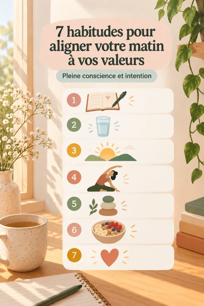 Femme inspirée, prenant un moment pour méditer le matin, alignant sa journée selon ses valeurs.