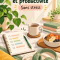 Femme souriante organisant son samedi avec un agenda et une tasse de thé.