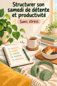 Femme souriante organisant son samedi avec un agenda et une tasse de thé.