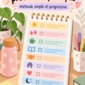 Femme organisant sa journée avec un cahier et un café.
