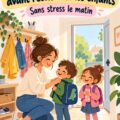 Une maman organisée avec ses enfants préparant leur routine matinale avant l'école.