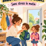 Une maman organisée avec ses enfants préparant leur routine matinale avant l'école.