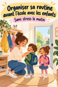 Une maman organisée avec ses enfants préparant leur routine matinale avant l'école.