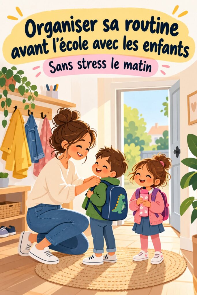 Une maman organisée avec ses enfants préparant leur routine matinale avant l'école.