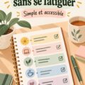 Femme souriante qui planifie sa journée avec un carnet dans un cadre paisible.