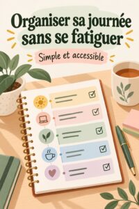 Femme souriante qui planifie sa journée avec un carnet dans un cadre paisible.