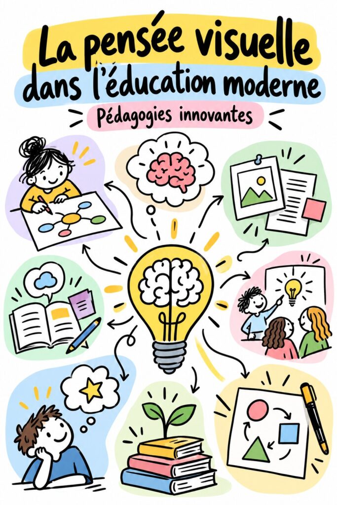 Illustration représentant un enseignant utilisant la pensée visuelle en classe pour aider ses élèves à mieux comprendre.