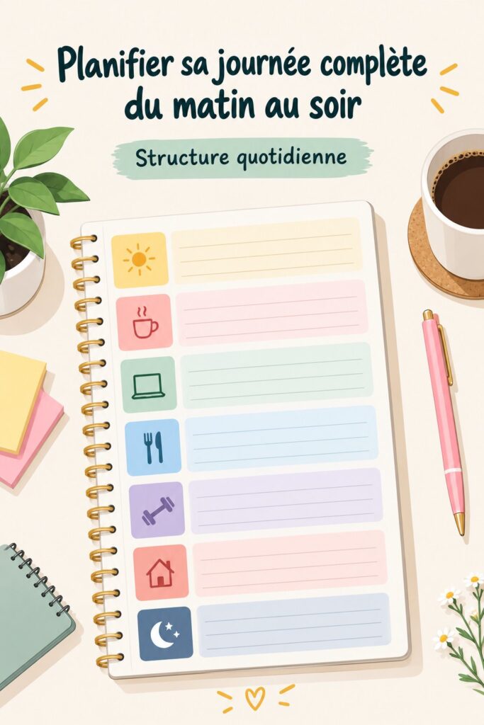 Femme souriante planifiant sa journée avec un carnet et un café.