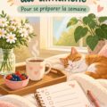 Femme prenant un moment pour planifier sa routine dominicale avec un carnet et une tasse de thé.