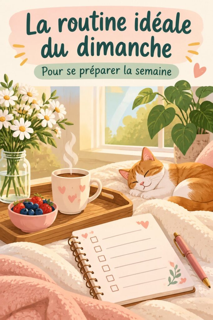 Femme prenant un moment pour planifier sa routine dominicale avec un carnet et une tasse de thé.