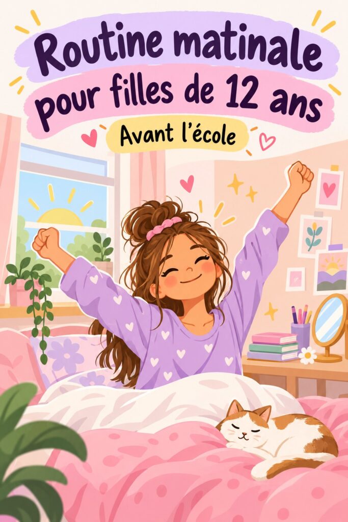 Fille adolescente en train de suivre une routine matinale apaisante dans sa chambre.