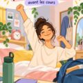 Une adolescente souriante et organisée dans sa chambre, préparant sa routine matinale avant d'aller au lycée.