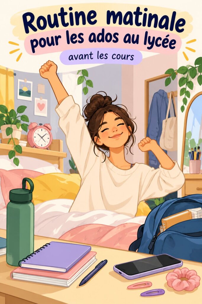 Une adolescente souriante et organisée dans sa chambre, préparant sa routine matinale avant d'aller au lycée.