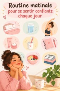 Femme souriante se préparant le matin dans un environnement calme et organisé