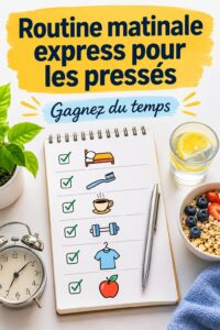 Femme souriante profitant d'une routine matinale express avec une tasse de café.