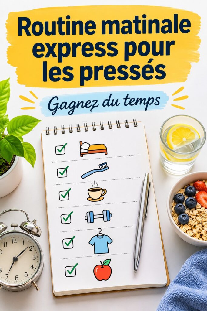 Femme souriante profitant d'une routine matinale express avec une tasse de café.