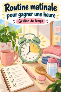 Femme souriante en train de pratiquer une routine matinale productive avec une tasse de thé
