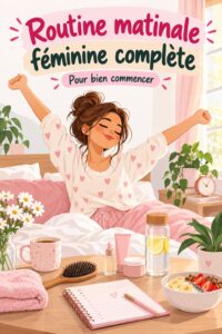Femme souriante méditant au matin devant sa fenêtre, symbole d'une routine matinale apaisante.