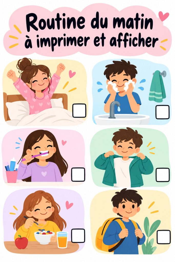 Routine du matin imprimée et affichée sur un mur inspirant