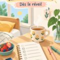 Femme souriante préparant un café le matin pour une routine positive.