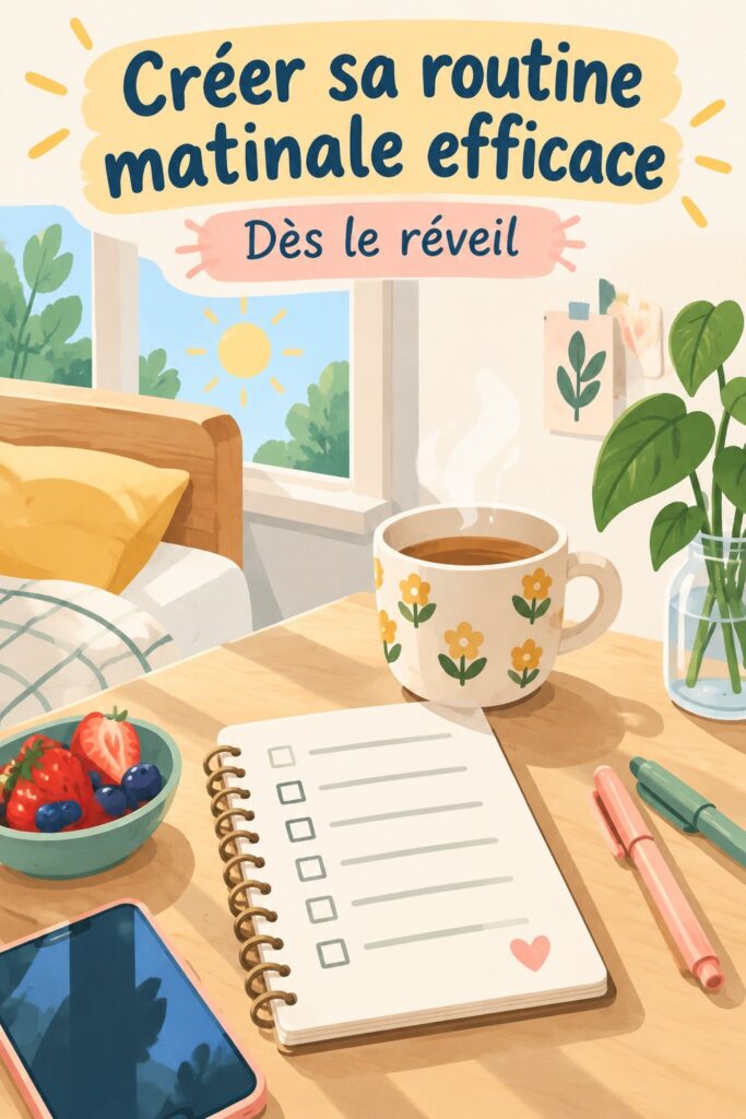 Femme souriante préparant un café le matin pour une routine positive.