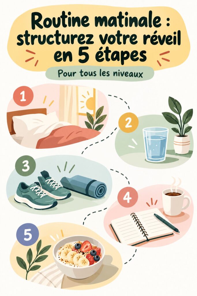 Femme souriante en train de suivre sa routine matinale au réveil, illustrant un moment de bien-être et de productivité.