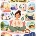 Femme pratiquant le yoga dans son salon, représentant le bien-être quotidien.