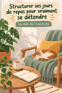 Femme sereine profitant d'un jour de repos planifié dans une ambiance relaxante.