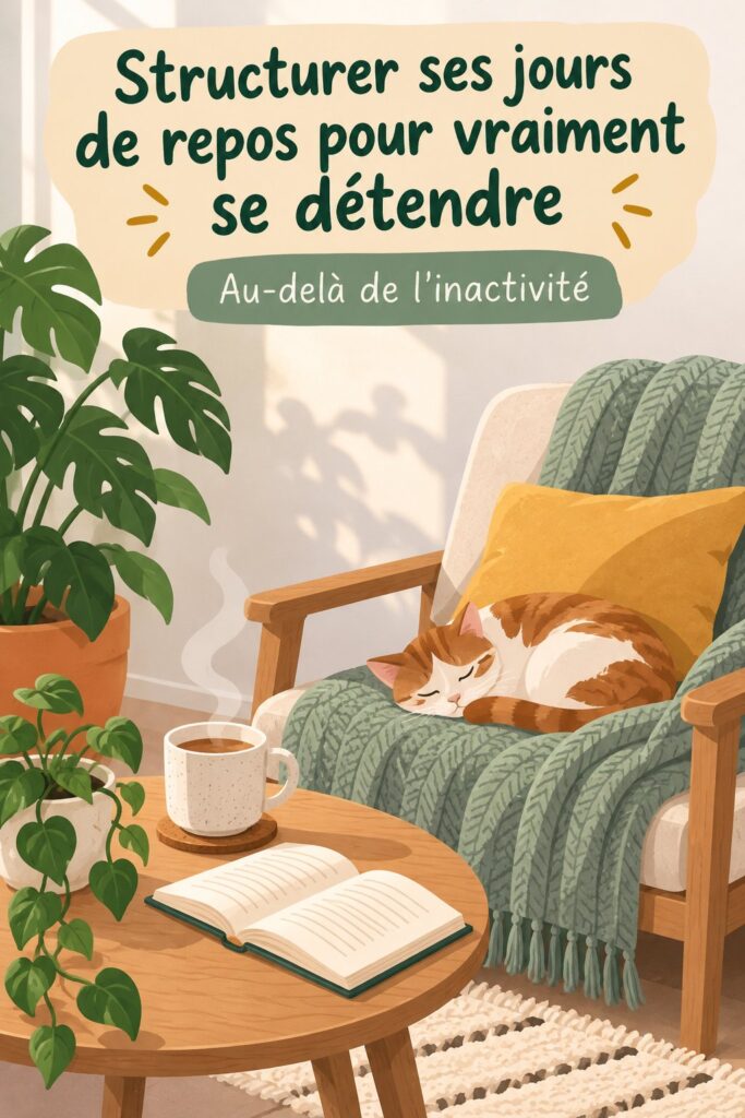 Femme sereine profitant d'un jour de repos planifié dans une ambiance relaxante.