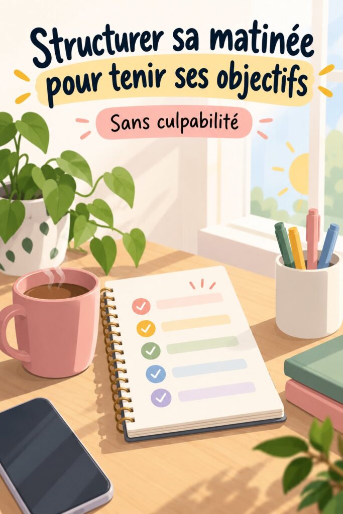 Femme souriante prenant un café en consultant un carnet le matin, représentant une routine efficace