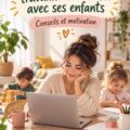 Maman travaillant à domicile avec ses enfants, organisant son espace de travail