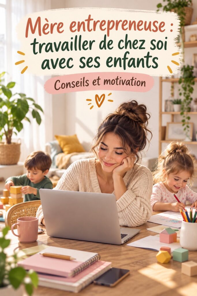 Maman travaillant à domicile avec ses enfants, organisant son espace de travail