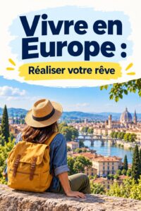 Femme contemplant un paysage urbain européen, rêve de vivre en Europe